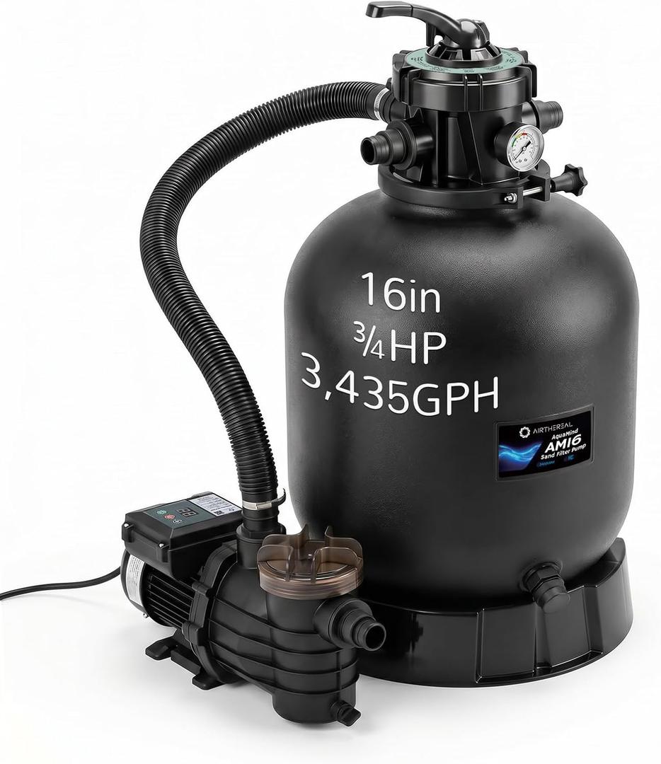 Airthereal AquaMind AM16 Sand Filter Pump for Above Ground Pool, 16" Pool Sand Filter System with Timer, ¾ HP Motor, High-Flow 3,435 GPH, 7-Way Valve, Reliable Motor for Pools Up to 15,000 Gallons