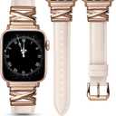 Minyee Leather Band Compatible with Apple Watch 42/41/40/38/44/45/46/49mm Women,Dressy Slim Premium Leather Strap with Designer X-Shape Metal Buckle for iWatch Series 11 10 9 8 7 6 5 4 SE/Ultra 3 2 1 (Starlight/Rose Gold)