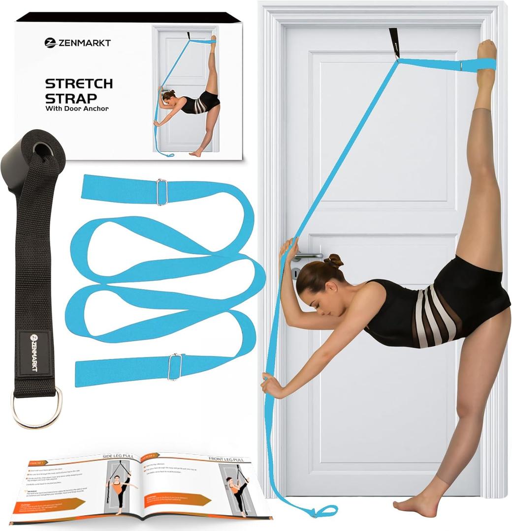 Stretching Strap With Door Anchor - Stretching Equipment to Improve Legs Flexibility - Splits Trainer For Home Ideal In Ballet, Dance, Cheerleading, Taekwondo, Yoga, Pole Dancing & Gymnastics (Light Blue)