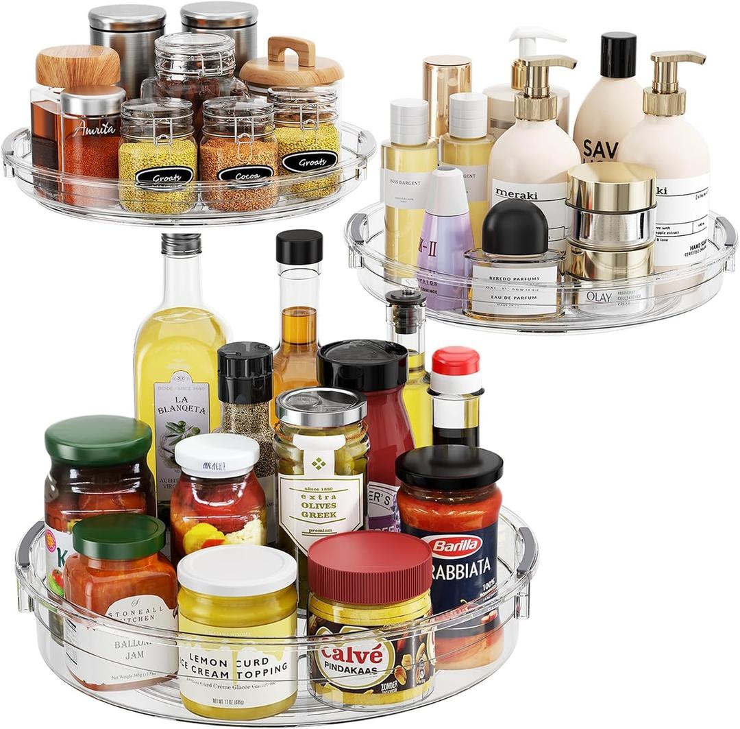 LAMU 3 Pack Lazy Susan Organizer Turntable for Cabinet, Rotating Condiment Organizer for Kitchen Pantry Organizers and Storage, Table Top, Fridge, Countertop, Spice Organization, 9.25'' 10.6'' 12'' (Clear)