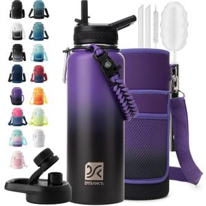 DYSANKY Insulated Water Bottle | Thickened Stainless Steel Vacuum Metal | Portable Sports Water Jug for Gym and Hiking with Straw, Carrier Bag, Handle Strap | BPAFree 40 oz, Purple/Black
