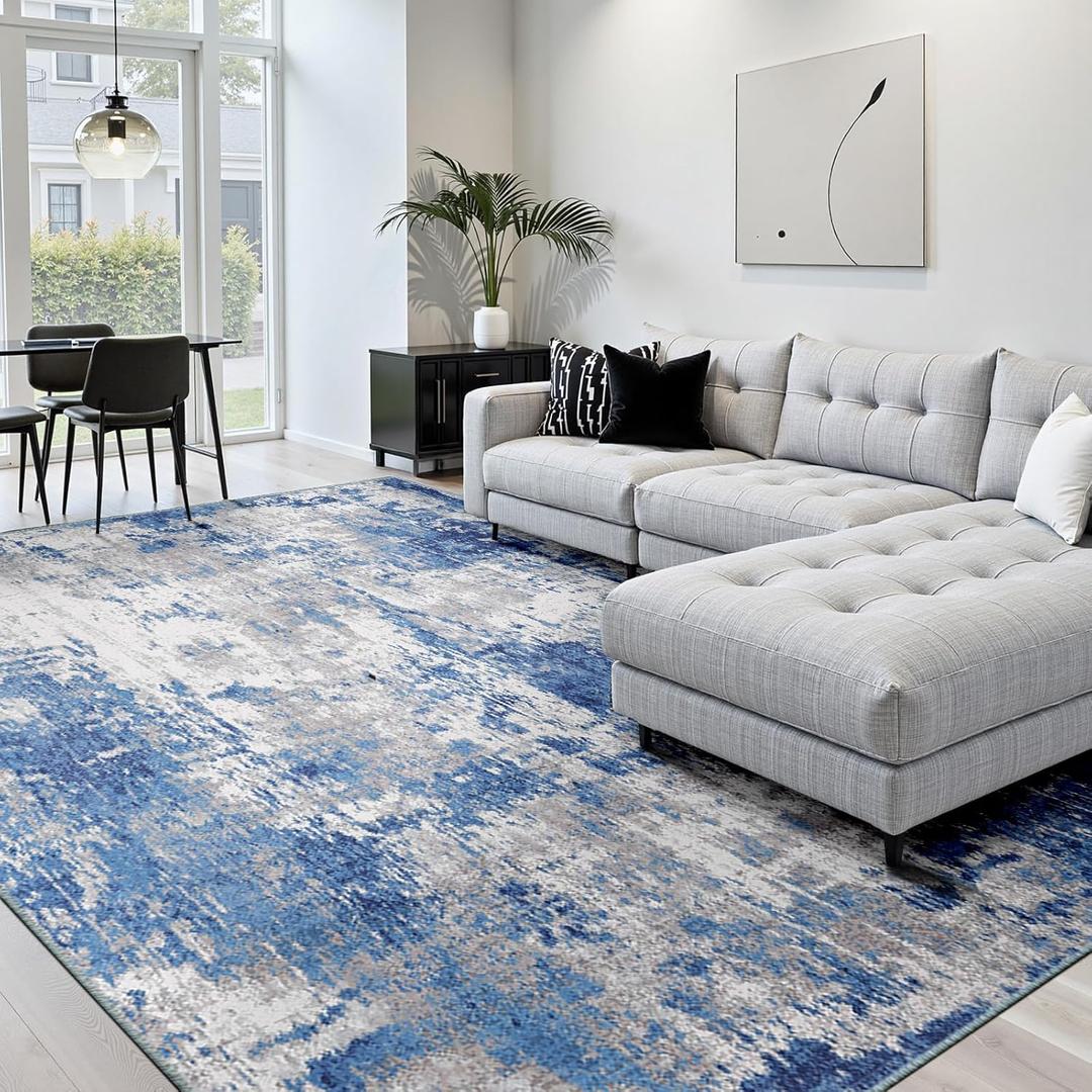 Washable Area Rugs 8'x10' Non-Slip Modern Abstract Soft for Living Room Entryway Bedroom Nursery, Print Pattern, Blue Grey Navy Gray