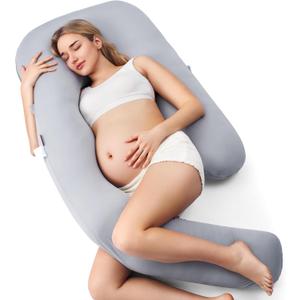 Momcozy Pregnancy Pillow with Cooling Cover, Dreamlign U Pro Maternity Pillow with Adjustable Leg Pillow Support for Back, HIPS, Belly, Legs for Pregnant Women, 50-72 Inch Full Body Pillow, Grey-Cooling Fabric