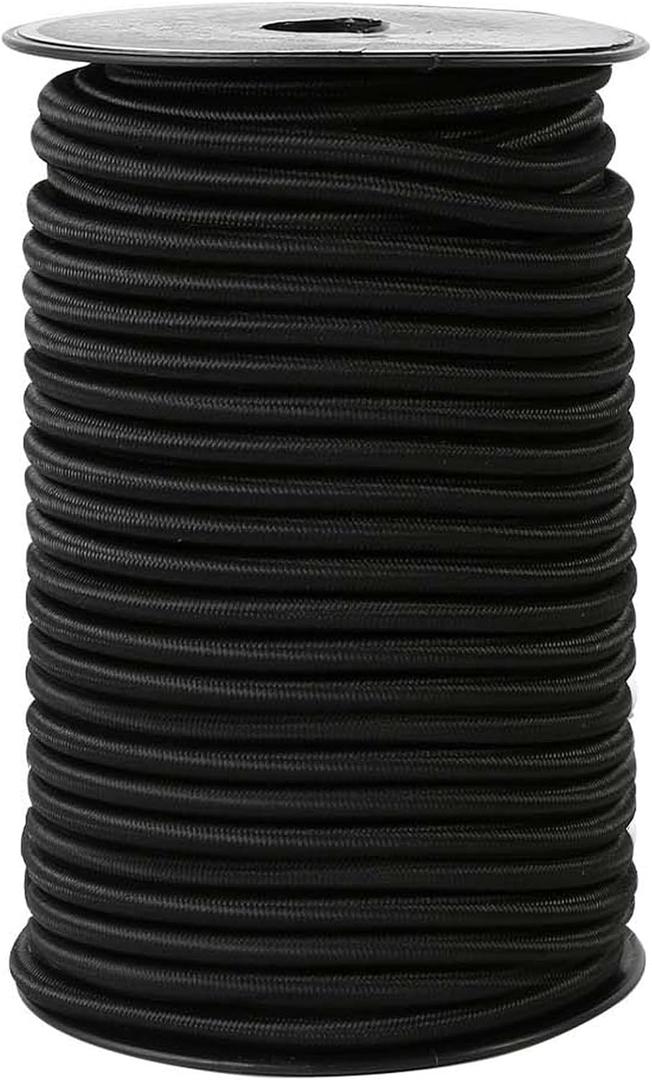 Strong and Durable Bungee Cord Roll - 1/4" x 100ft Elastic Cord, Kayak Stretch String Rope, Bungee Shock Cords for Repairing Tent Poles, DIY, Tie Downs, Black