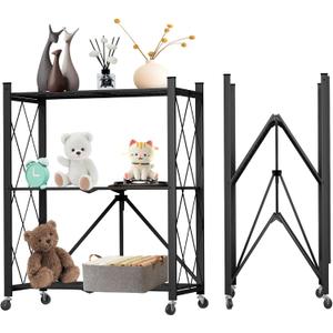 3 Tier Foldable Storage Shelf with Wheels, Heavy Duty Garage Shelving Unit Loads 550 LBS, Metal Steel Collapsible Shelves, Rolling Standing Utility Rack for Kitchen, Pantry, Office, Black