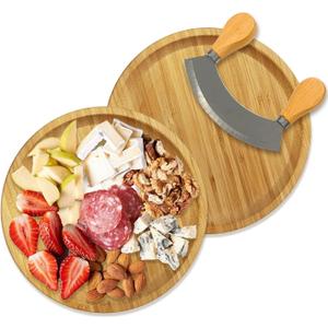 Round Bamboo Serving Tray with Handled Mezzaluna Knife Fruit, Bread, Salad Plate, Round Wood Charcuterie Board Coffee Table, Suitable for Storage and Display (Bamboo, 8x8 inch)