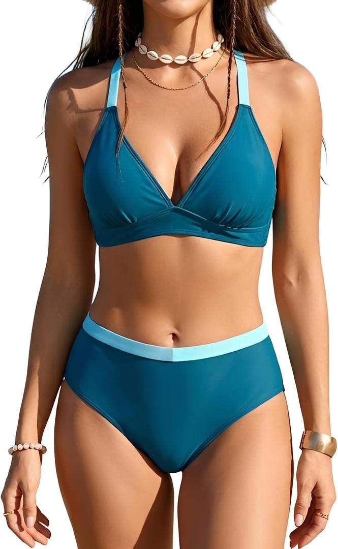 B2prity Bikini Sets for Women Tummy Control Two Piece Swimsuit Color Block V Neck Bathing Suit with Coverage Swim Bottom, Large