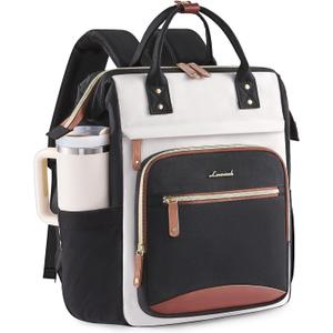 LOVEVOOK Laptop Backpack for Women Work Bag with Large Capacity Cup Side Pocket, 15.6 Inch Waterproof Computer Backpacks Purse, College Bookbag for School, Business, Teacher, Travel (Beige-black)