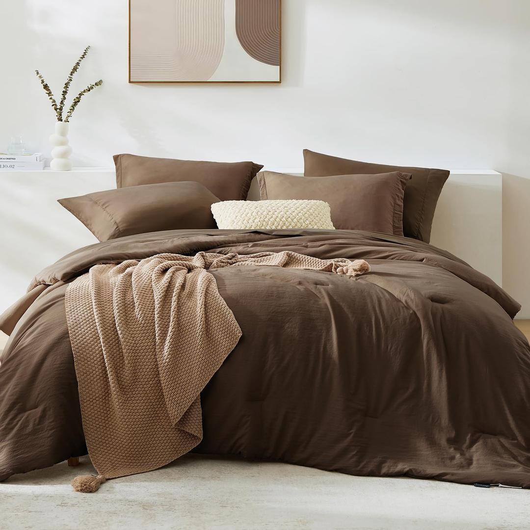 WRENSONGE Full Size Comforter Sets, 7 Pieces Chocolate Brown Bed in a Bag with Fitted Sheet, Flat Sheet, 2 Pillow Shams, 2 Pillowcases, Warm Bedding Sets for All Season