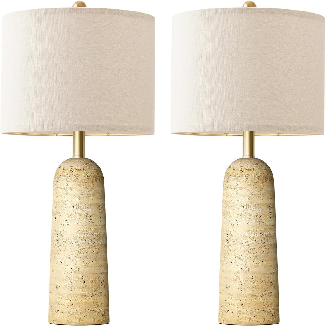 BOBOMOMO 27.25" Modern Table Lamp Set of 2, Warm Beige Resin Lamp with Natural Stone Look, Lamps for Living Room with Linen Shades, Bedside Lamp for Bedroom, Living Room, Nightstand, Entryway