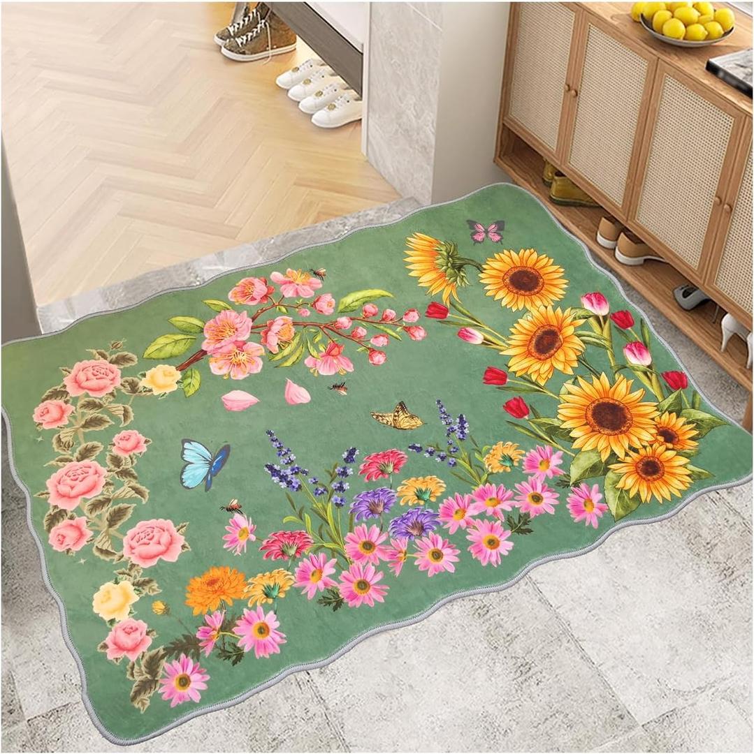 BYINGWD Indoor Door mat Cute Rug Machine Washable Happiness Floral Area Rug Low Pile Throw Rugs for Entryway, Kitchen, Front Door, Entry, Kids Room (Charming Green, 60 * 90cm2*3) (1'11" x 2'11" (Flower))
