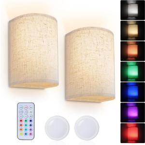 PESUTEN Wall Sconce Lighting Decor, Battery Rechargeable Wall Sconce Set of 2 with Fabric Shade Remote Control, 16 RGB Colors Changeable Dimmable Wall Lamp Fixtures for Bedroom Living Room Hallway