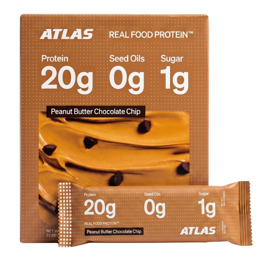 Atlas Real Food Protein Bars, 20g Protein + 11g Fiber, PB Chocolate Chip (EXP 09/02/27)