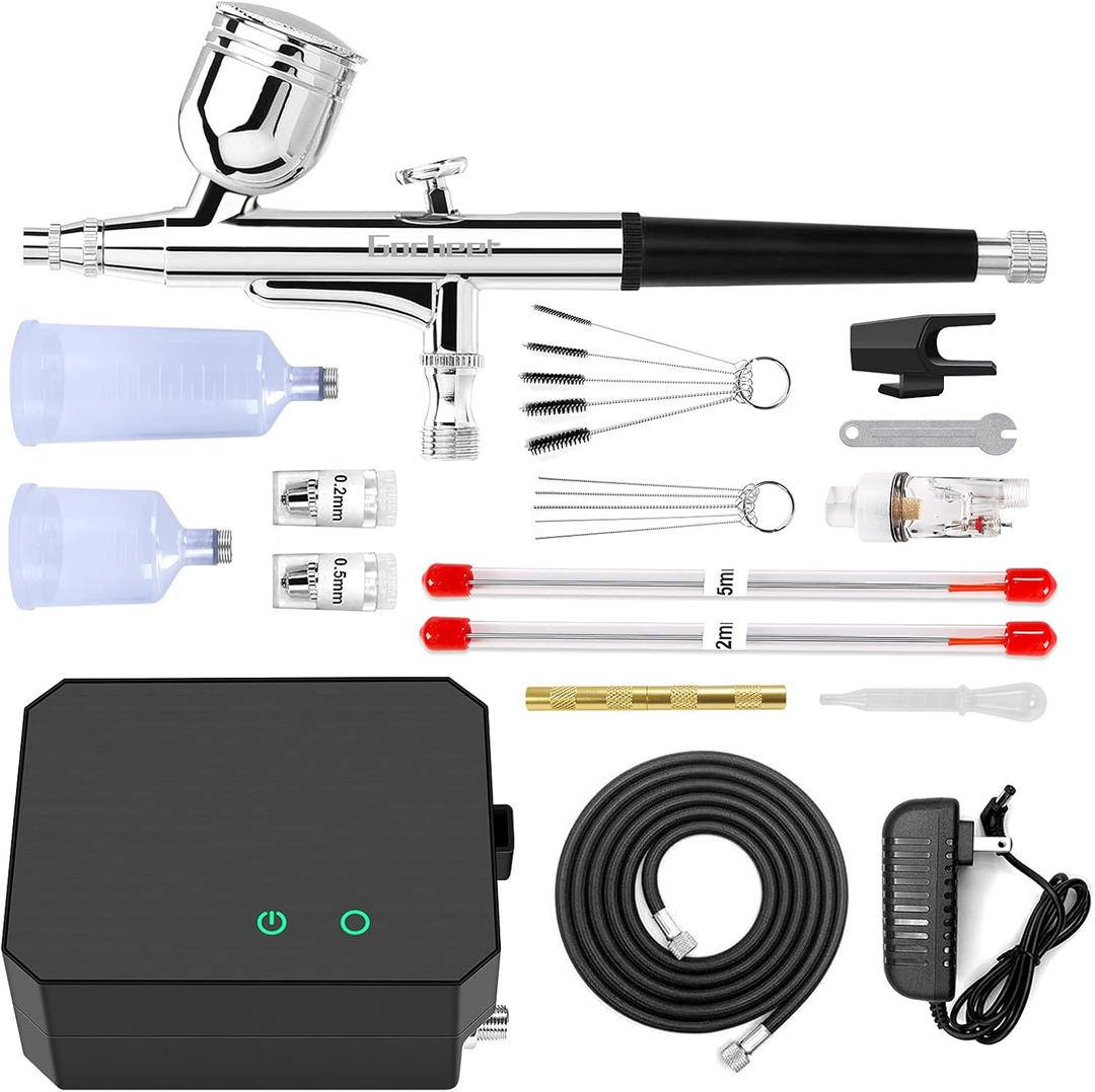 Gocheer Airbrush Kit with Air Compressor, 40 48 PSI High Pressure Air Brush Non-Clogging with 0.2/0.3/0.5mm Nozzle/Cleaning Sets, Ideal for Painting, Modeling, Cake Decor, Makeup (Black, 40 PSI)