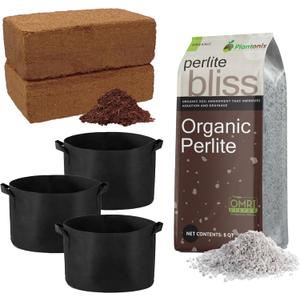 Seed Starting Soil Mix (24 Qts) - Coco Coir 650gm Bricks (2-Pack) + Perlite Bliss + 3 Gallon Grow Bags - Seed Starter Soil for Indoor Plants, Outdoor Plants, Seedlings - Organic Coco Coir Perlite Mix