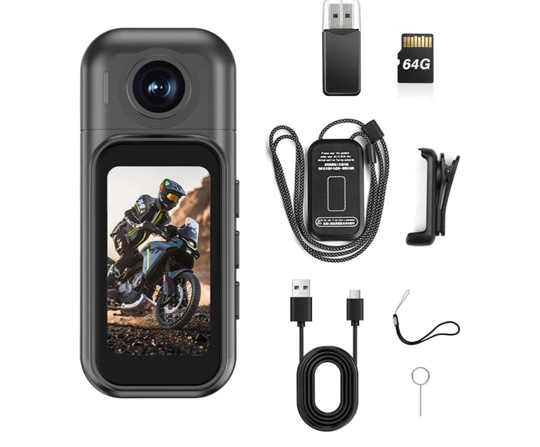 1080p Mini Body Camera with 64GB Card, 1.47" Touchscreen Wearable Thumb Camera, Magnetic Mount & 180° Rotating Lens for Vlogging Travel Sports Security
