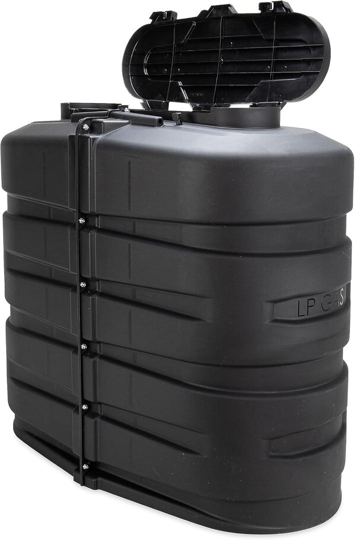 Camco Camper/RV Dual Propane Tank Cover - Features Hinged Top Panel & Custom Molded Design - Fits (2) 30lb Steel Tanks - Protects Propane Tanks During Travel, Camping and More - Black (50514)