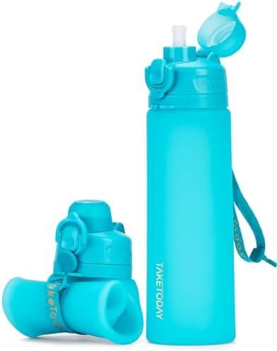 TakeToday Collapsible Water Bottles 20oz, Leak Proof, BPA-Free, Foldable Silicone Travel Water Bottle with Straw Strap for Cycling, Hiking, Outdoors