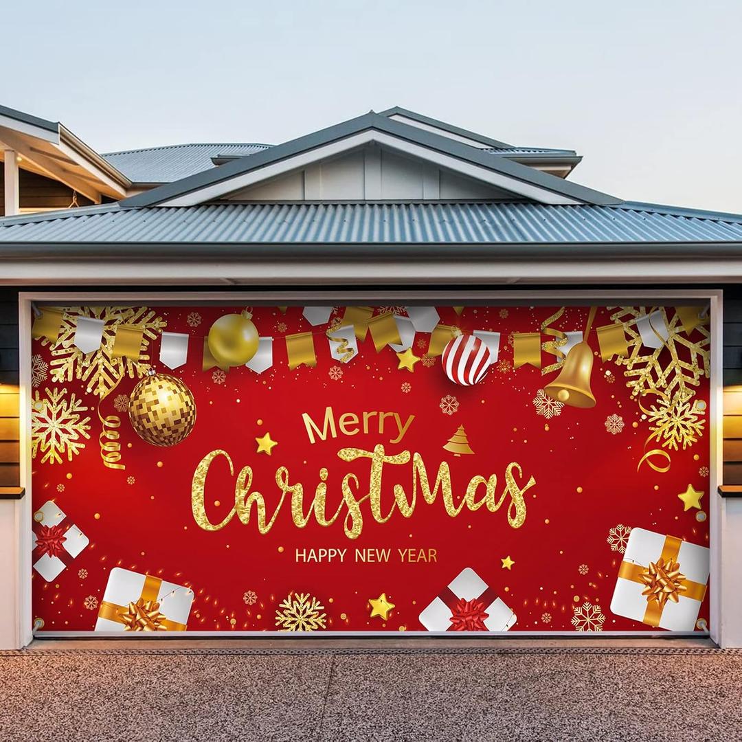 7 x 16 ft Garage Door Christmas Decorations, 2024 Christmas Garage Door Banner, Large Christmas Garage Door Decorations, Outdoor Christmas Garage Door Mural, Merry Christmas Decorations (Red)