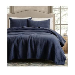 WDCOZY 100% Cotton Queen Size Quilt Set - Navy Blue Striped Pick Stitch Soft Lightweight Bedspread, Textured Like Linen, Farmhouse Country Rustic Coverlet, Shabby Chic Gauze Bedding, 3 Pieces