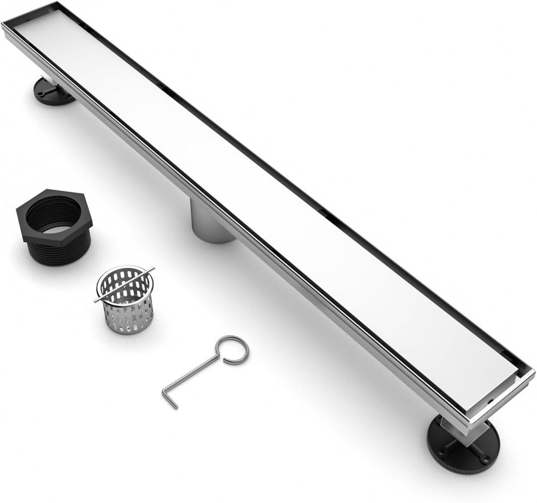 24 Inch Linear Shower Drain, Rectangle Shower Floor Drain with 2-in-1 Flat & Tile Insert Cover, 304 Stainless Steel Bathroom Drains with Hair Catcher and Leveling Feet (Brushed Nickel)