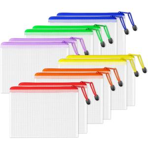 SUNEE Plastic Mesh Zipper Pouch 6.8x9.2 in (6 Colors, 12 Packs), Small Water-Resistant Zip Bag for School Office Supplies, Pencil Organizing Storage (Multicolored)