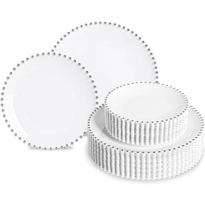 HOMIP 50PCS Fancy Disposable Dinnerware Party Set, Elegant Plates Include 25Pcs Dinner Plate 10", 25Pcs Dessert Plate 7" with Silver Bead Rimmed, Plastic Silverware for Wedding Birthday Party (White with Silver)