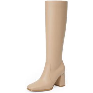 Modatope Knee High Boots Women Chunky Heel Square Toe Heeled Tall Boot for Women Fashion Side Zipper Long Boot (8.5)