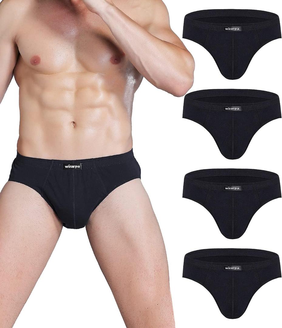 wirarpa Men's 100 Cotton Briefs Underwear No Fly Covered Waistband 4 Pack (Black, L)