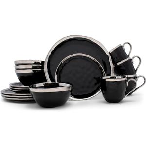 Elanze Designs 16-Piece Metallic Bubble Porcelain Ceramic Plates Bowls Mugs Dinnerware Set - Service for 4, Black With Silver Accents