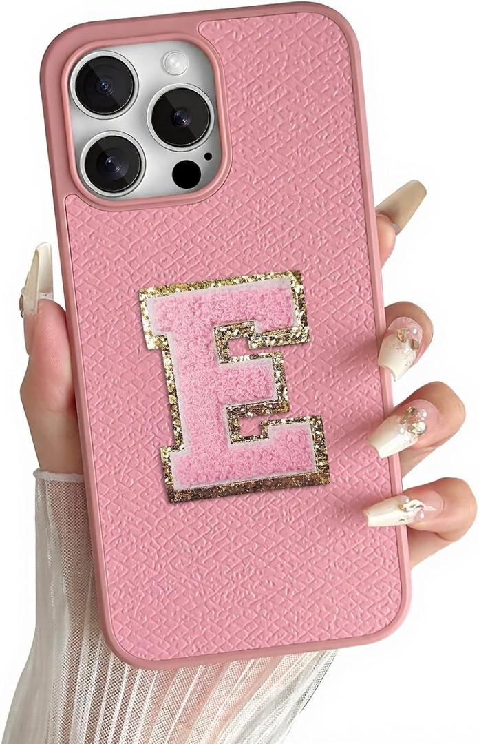 2 x Skyseaco for iPhone 15 Pro Max Case Aesthetic Monogram Phone Case with Pink Leather Embroidered Letters Shockproof Protective Cover for Women Girls, Initial E