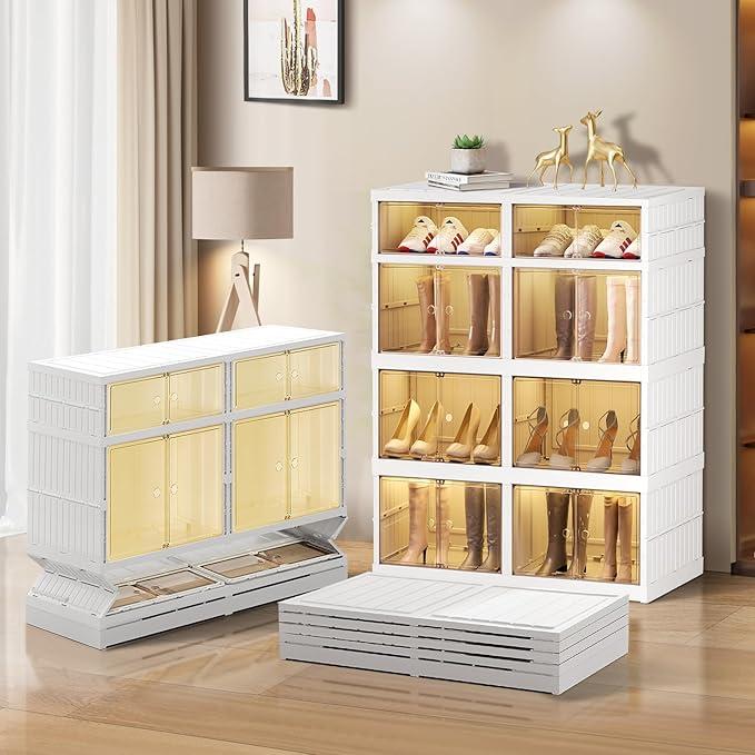 4Tier Foldable Shoe Rack Organizer for Closet No Assembly Shoe Shelf Plastic Stackable Shoes Storage Box with Clear Magnetic Door Entryway Shoe Cabinet for Sneaker High Heels (4 Tier)