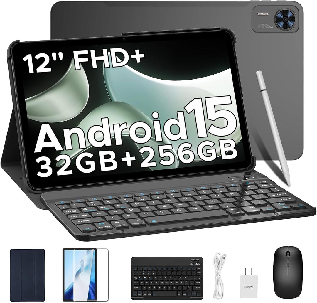 T36 12 inch Tablet with Keyboard, 32GB+256GB/2TB Expand Octa-Core Gaming Tablets,8800mAh,FHD+ Touchscreen with sim Card Slot,Android 15 Tablet,WiFi 5,Dual Camera,BT5.0,Widevine L1,Black