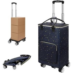 Collapsible Shopping Cart with Insulated Bag: Rolling Cart on Swivel Wheels for Grocery Laundry (Stars)