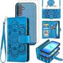 Asuwish Phone Case for Samsung Galaxy A17 5G Zipper Wallet Detachable Cell Cover with Tempered Glass Screen Protector Crossbody Strap Flower Flip Card Holder Slot TPU A 17 17A 4G Women Men Girls Blue
