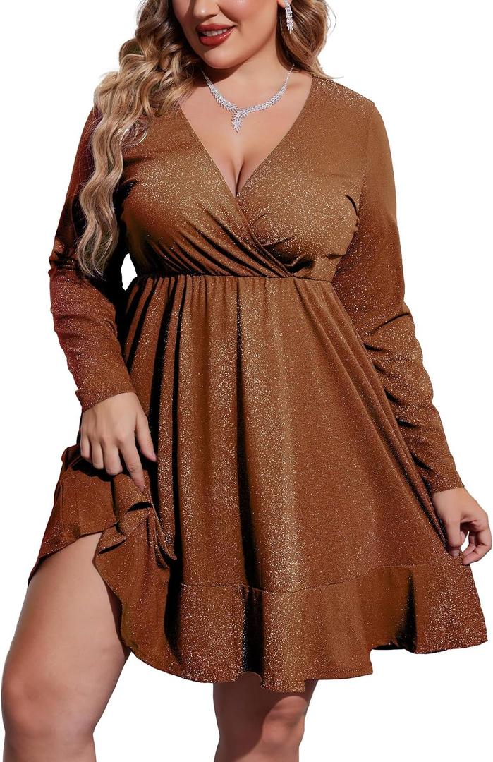 IN'VOLAND Plus Size Womens Glitter Dress V Neck Long Sleeve Ruffle Hem Swing Club Cocktail Party Dresses