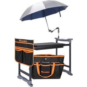 Garden Kneeler and Seat with Umbrella, 2-in-1 Foldable Gardening Stool with Adjustable Bracket, Detachable Tool Bags, Heavy Duty Kneeling Pad for Gardening (Black Orange)