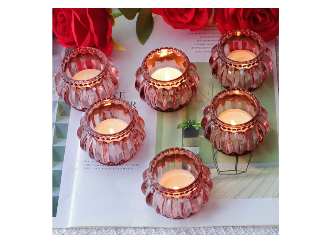 Woho Rose Gold Tealight Candle Holder Set of 6 for Valentines Day Decor, Glass Tea Lights Candle Holder for Wedding Party, Votive Candle Holders for Table Centerpiece