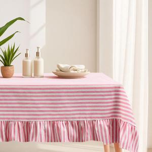 Mindsoft Pink Striped Ruffled Tablecloth 70 x 52 Inches Cotton Linen Rectangle Striped Table Cloth Classic Farmhouse Vintage Table Cover Decorative Pattern for Holiday Party