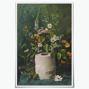 Floral Bathroom Canvas Wall Art - Green Flowers Aesthetic Poster - Moody Wildflowers Botanical Print - Toilet Paper Roll with Plants Picture - Bathroom Calming Wall Art - 16x24inch Unframed (16L" x 24W")