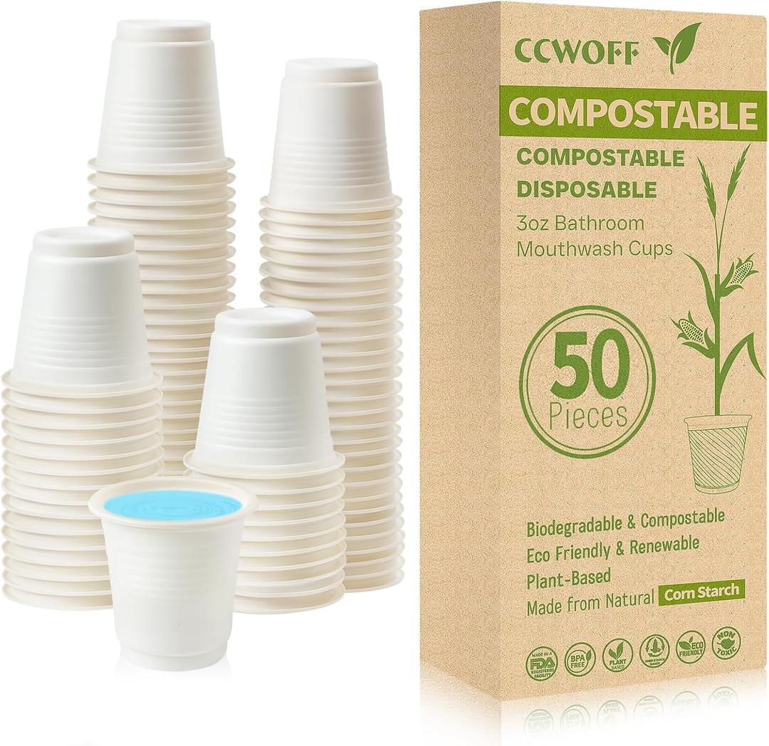 50PCS 3 OZ Bathroom Cups 100% Compostable Biodegradable Eco Friendly Small Disposable Mini Mouthwash Cups for Bath Rinse Shot Disposable for Drinking Washing Tasting