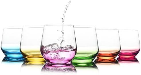 Stemless Wine Glasses Set of 6 - Hand Blown Colored Short Wine Tumblers - 15 oz Elegant Sparkling Wine Glass - Unique Gift for Birthday,Wedding, Mother’s Day