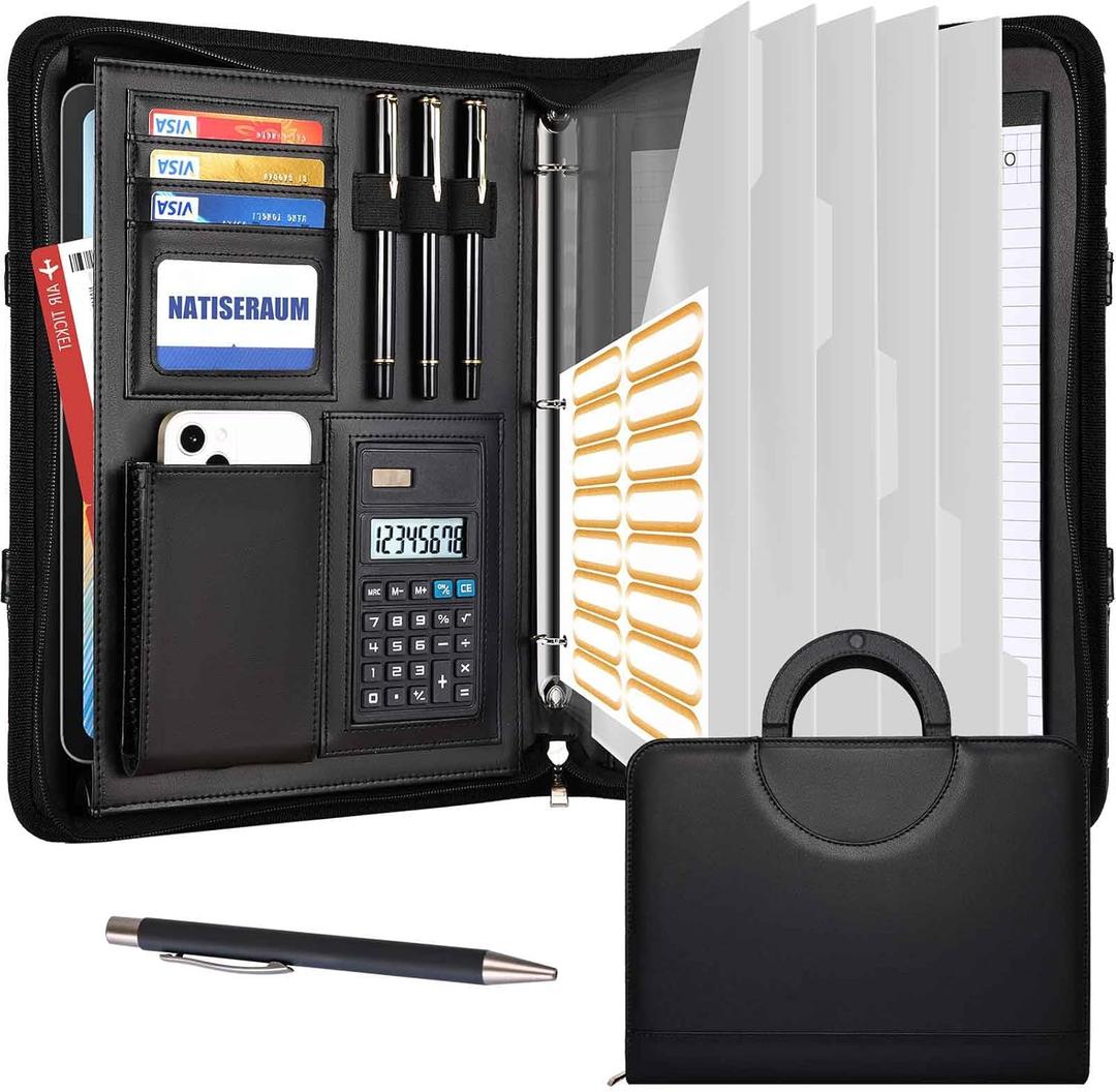 Portfolio Binder 3 Ring Includes Pen and 5 Dividers with 10 Pockets, Padfolio Organizer with Zipper for Men and Women, Includes A4 Notepad for Business, School, Work (Black + 5 Clear Protectors)