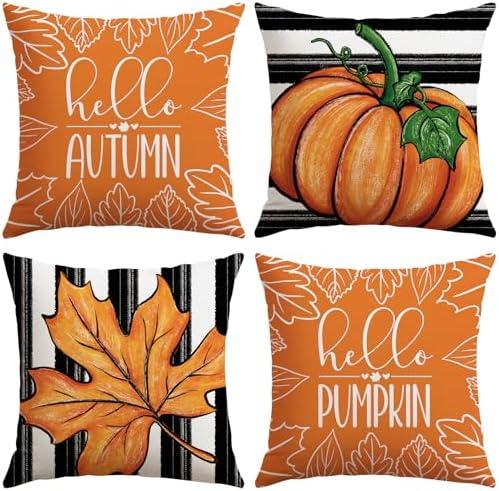 Pack of 2 Artscope Fall Decorative Throw Pillow Covers 20x20 Inch Set of 4 Fall Gifts for Home Decor, Striped Autumn Pumpkin Maple Leaves Harvest Decoration Pillow Cases for Home Sofa Couch Decor-Orange B