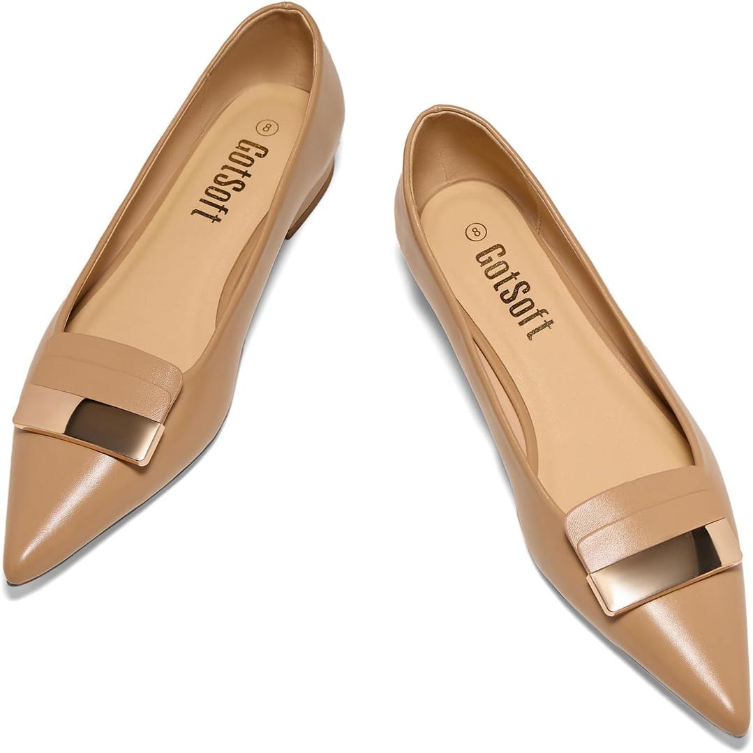 Women's Pointed Toe Metal Deco Flats Slip on Flat Comfortable Dress Shoes (8.5, Khaki)