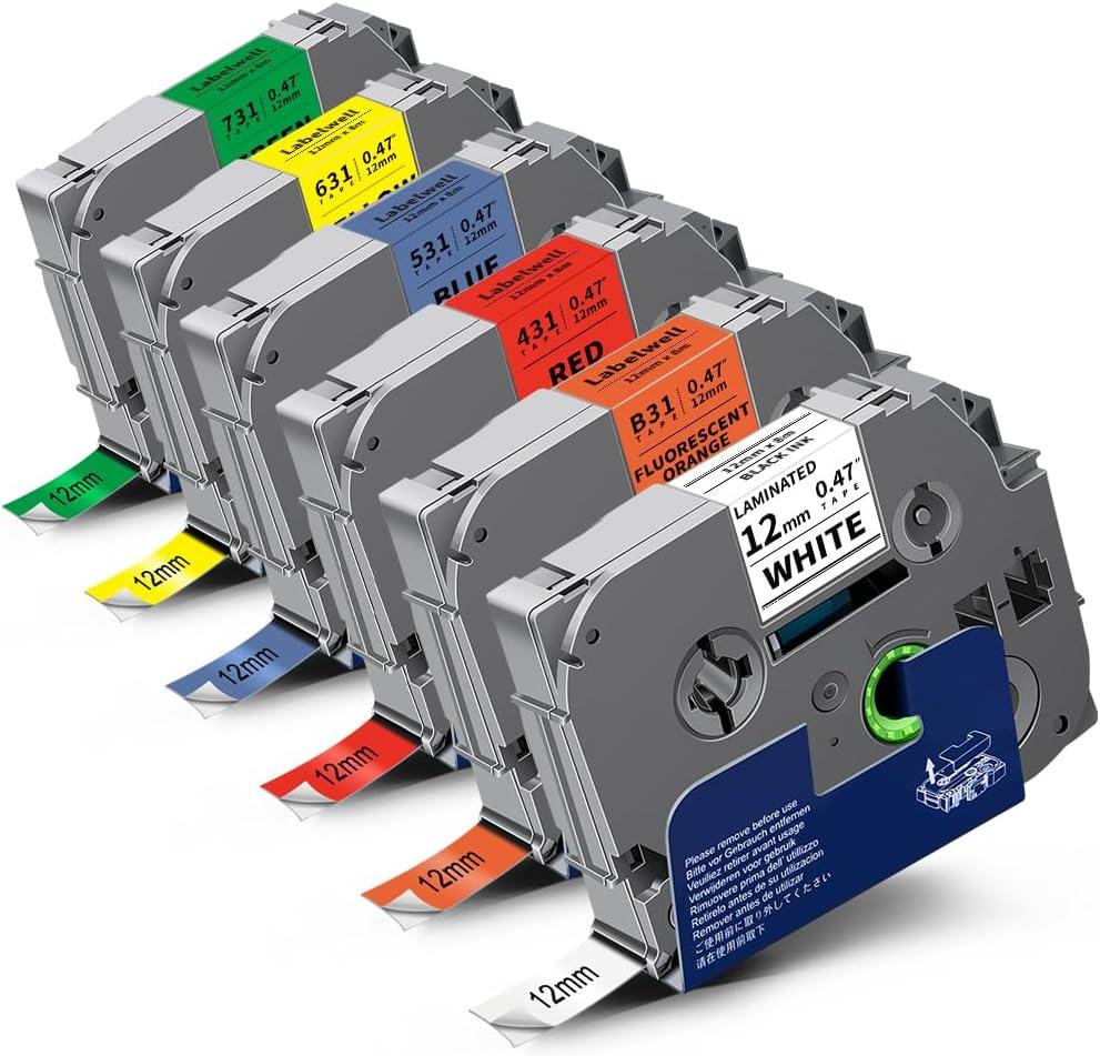 Labelwell 6-Pack TZ Tape 12mm 0.47 Laminated Compatible for P Touch Label Tape TZ TZe-B31 231 131 431 531 631 TZe231 for PTouch PT-H110 D210 D220 H103W, Flu.Orange/White/Red/Blue/Yellow/Green