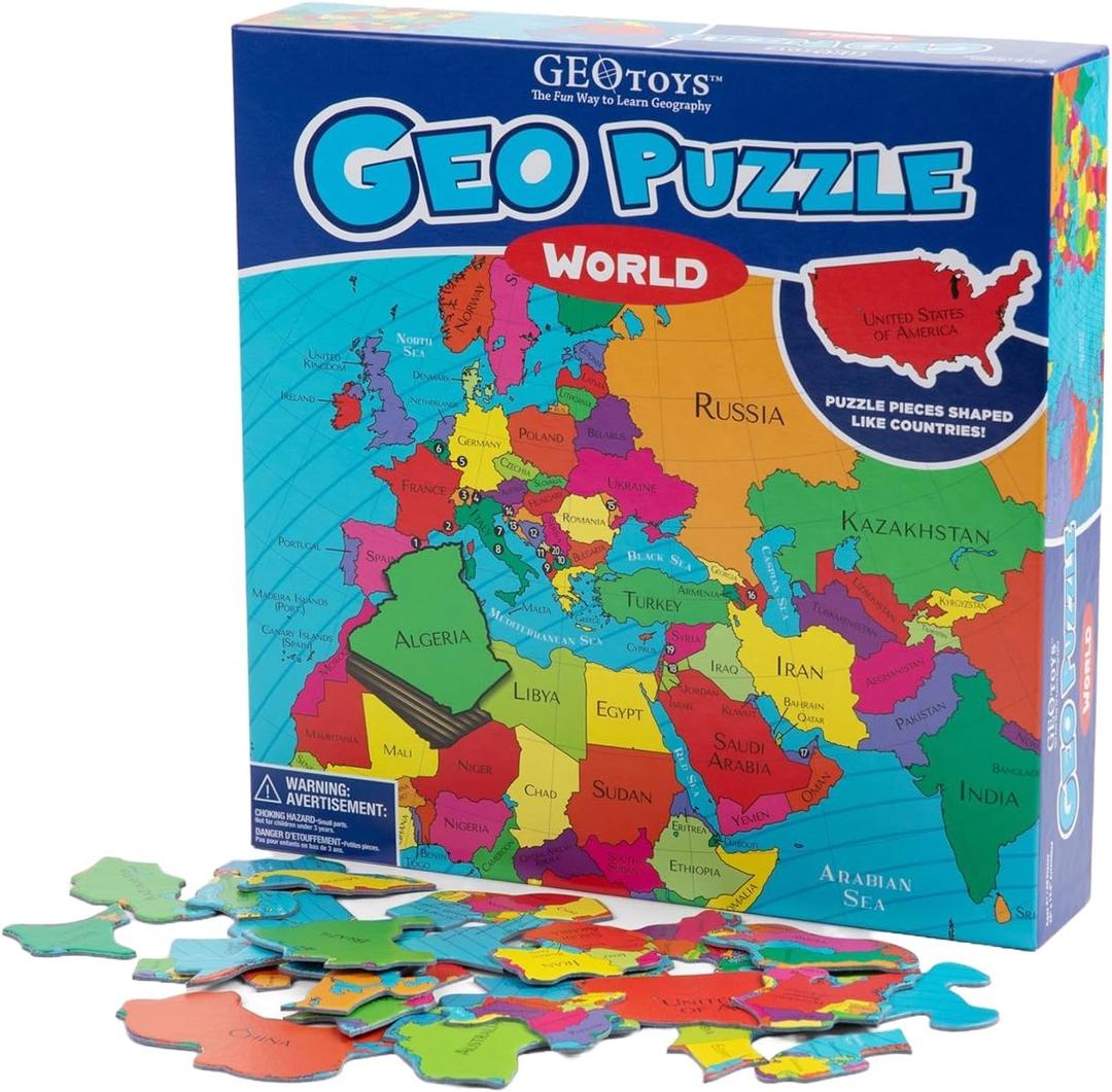 GeoToys GeoPuzzle, World Jigsaw Puzzles, 68 Pc Geography Game & Map Puzzle, Educational Games & Kids Learning Activities, Puzzle Gifts for Children Ages 6-9, Fun Learning Toys for Kids