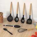 Silicone Cooking Utensils Set Utensil Sets - 446F Heat Resistant Silicone Kitchen Utensils Set Wooden Handles, Silicone Utensils for Cooking w Holder for Non-Stick Cookware BPA FREE (Black)