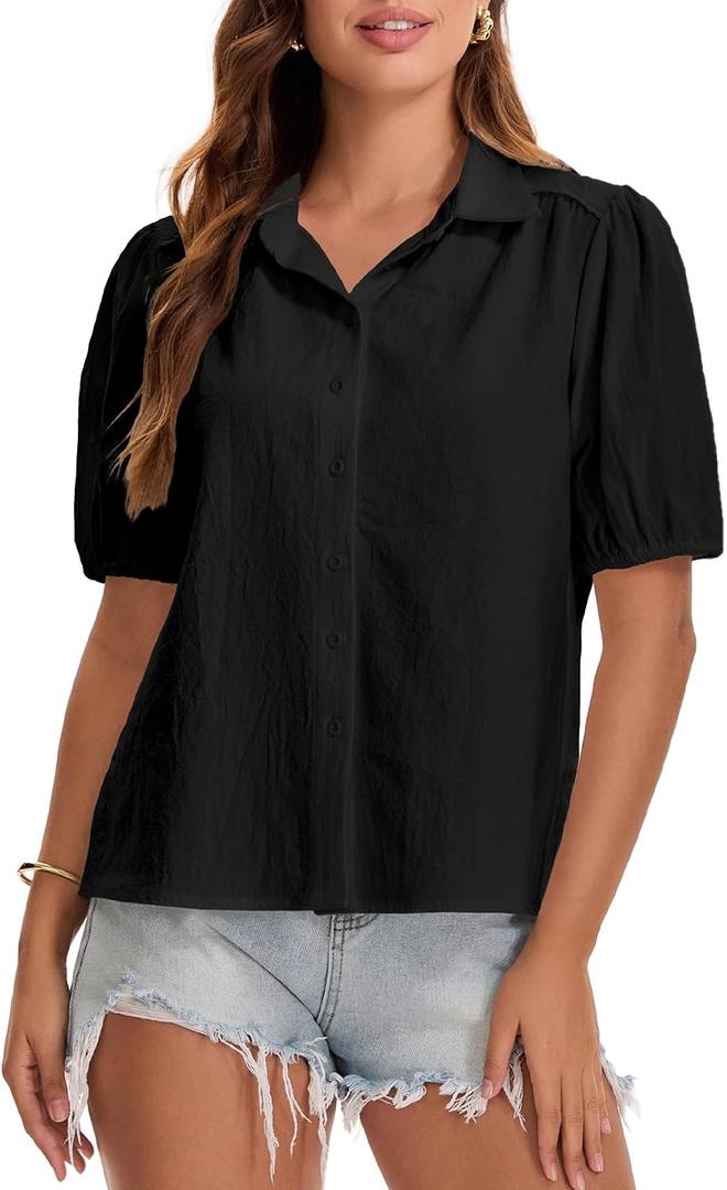 MISMI Women's 2026 Summer Button Down Shirts Short Puff Sleeve Collared V Neck Cotton Casual Blouse Tops Black, X-Large