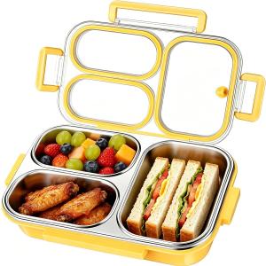 Stainless Steel Bento Box, 3-Compartment Leakproof Lunch Box, Food-Grade Metal Lunch Container with Lid, 25oz Portable Lunchbox for adult, Dishwasher Safe, Suitable for Office, Outside